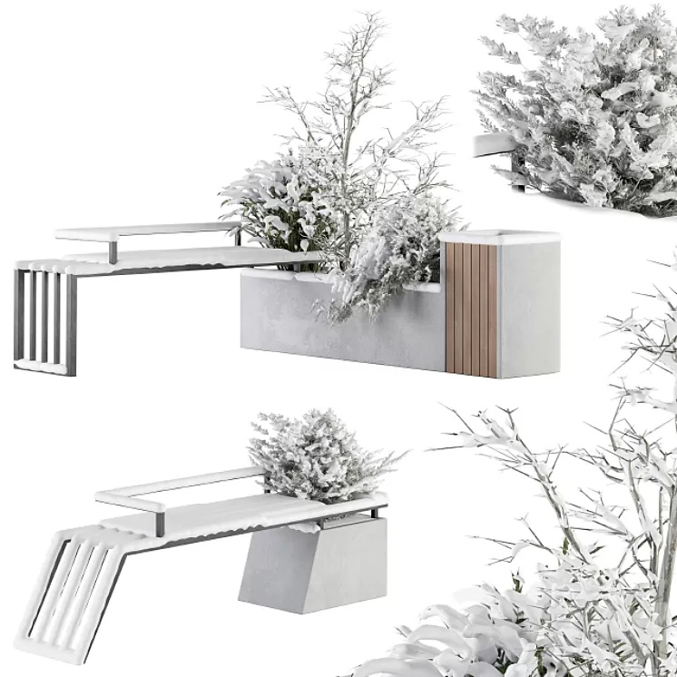 Urban Furniture snowy Bench with Plants- Set 33 3D Model Urban Furniture snowy Bench with Plants- Set 33 3D Model