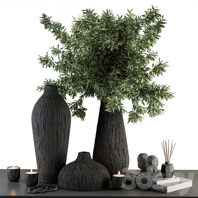 Vase and Plant Green and Black Decorative Set – Set 99 3D Model