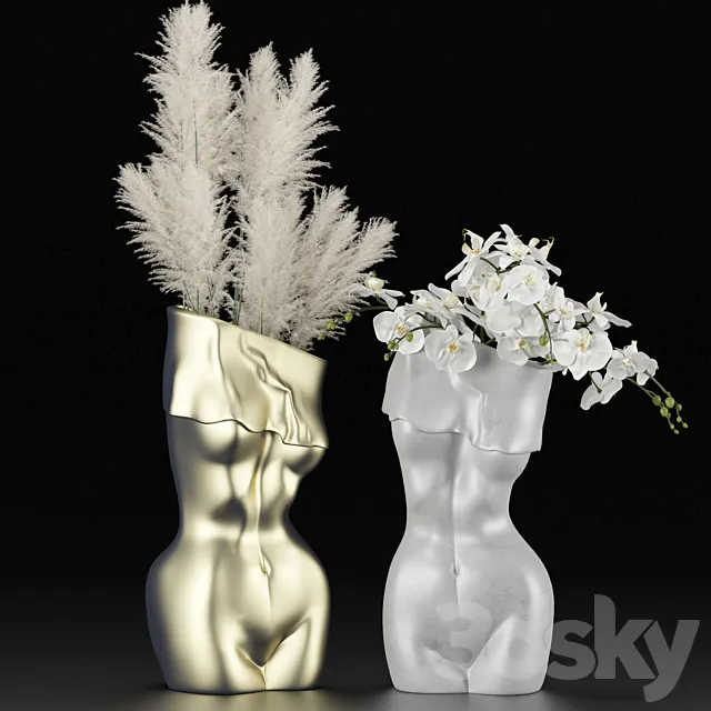Vases in the form of a female body with bouquets of pampas grass and orchids 3DModel Vases in the form of a female body with bouquets of pampas grass and orchids 3DModel