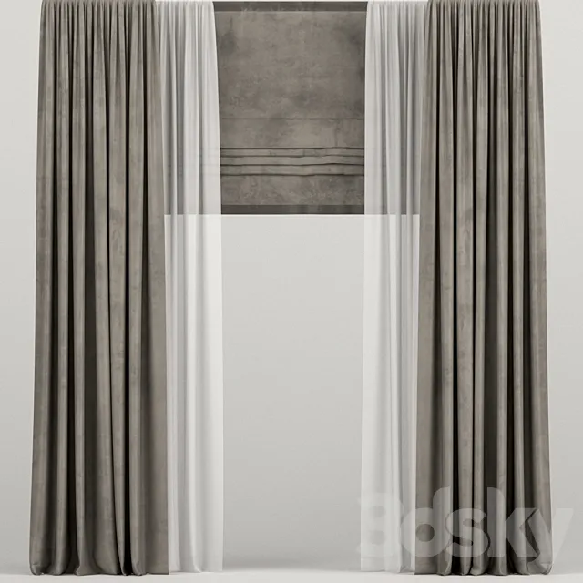 Velvet brown curtains with Roman and tulle. 3D Model Velvet brown curtains with Roman and tulle. 3D Model