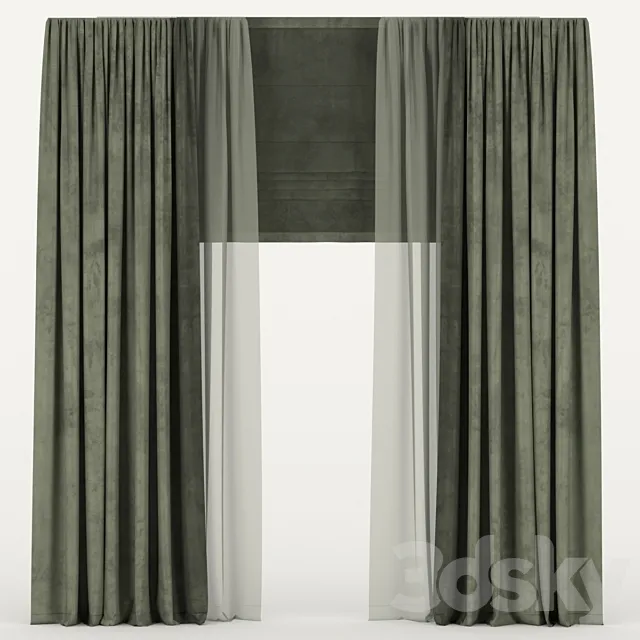 Velvet curtains with tulle and roman blind 3D Model Velvet curtains with tulle and roman blind 3D Model