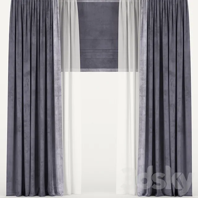 Velvet curtains with tulle and roman blinds. 3D Model Velvet curtains with tulle and roman blinds. 3D Model
