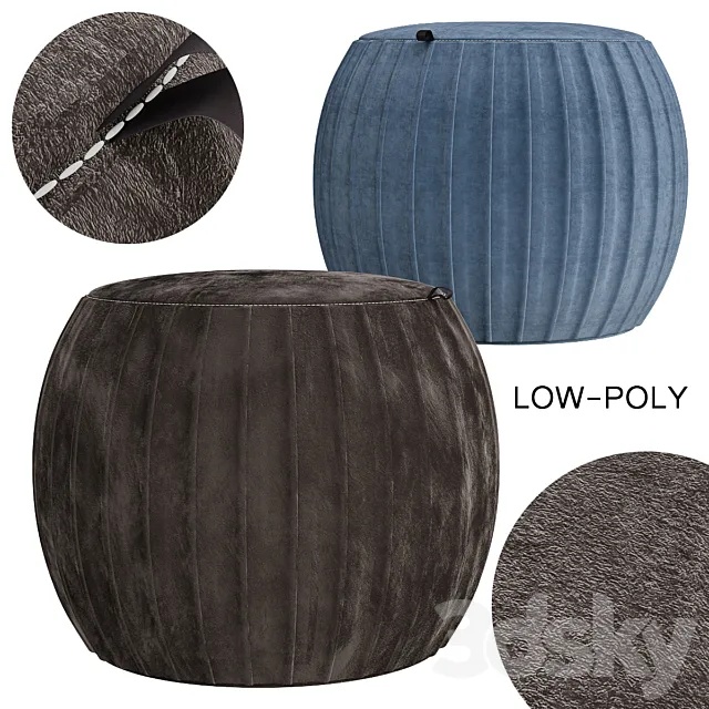 Velvet Pleated Round Pouf Ottoman 3D Model Velvet Pleated Round Pouf Ottoman 3D Model