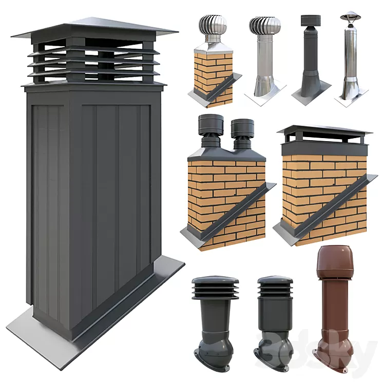 Ventilation pipes and chimneys on the roof 3D Model Ventilation pipes and chimneys on the roof 3D Model