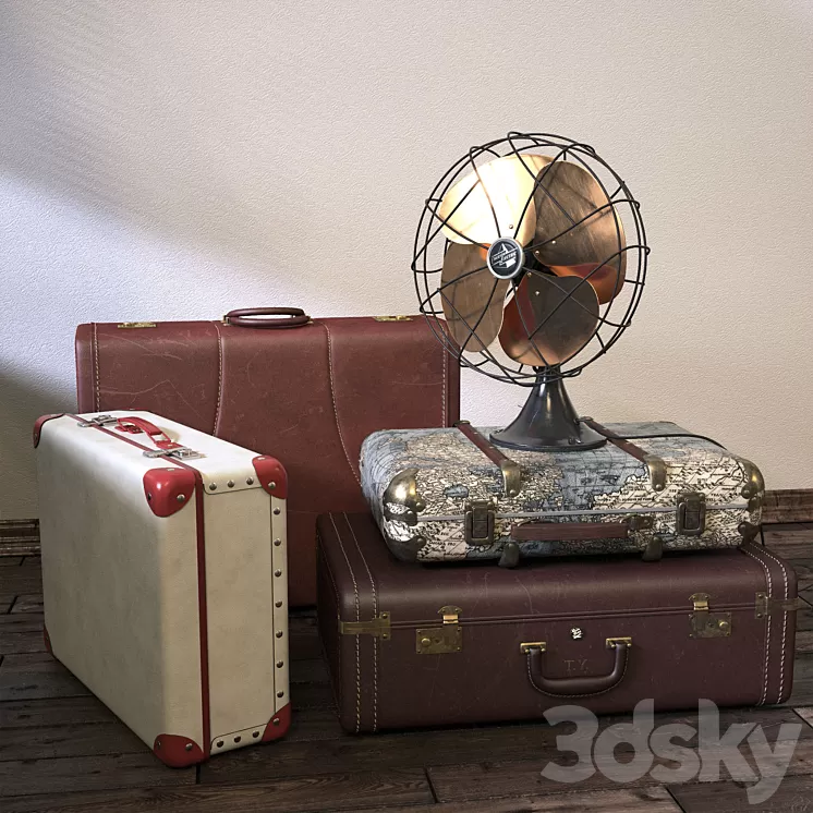 Vintage Fan & Suitcases 3D Model