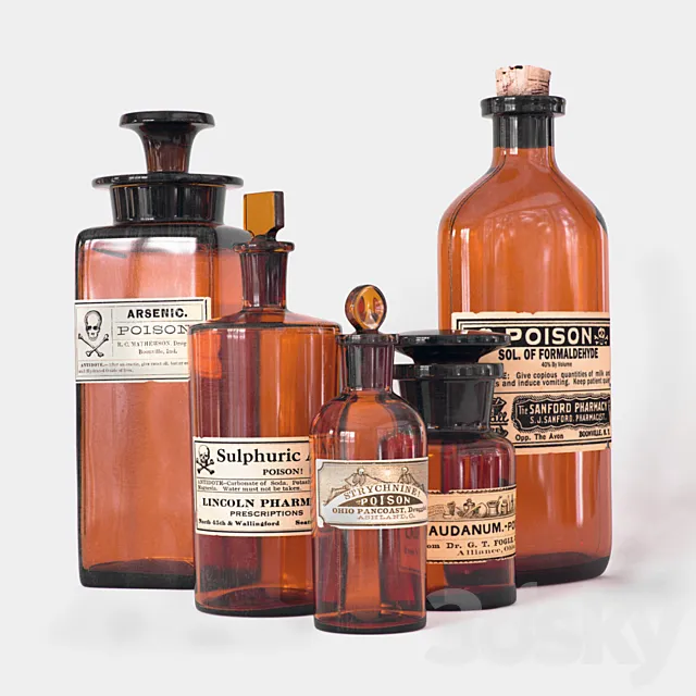 Vintage Poison Bottles 3D Model