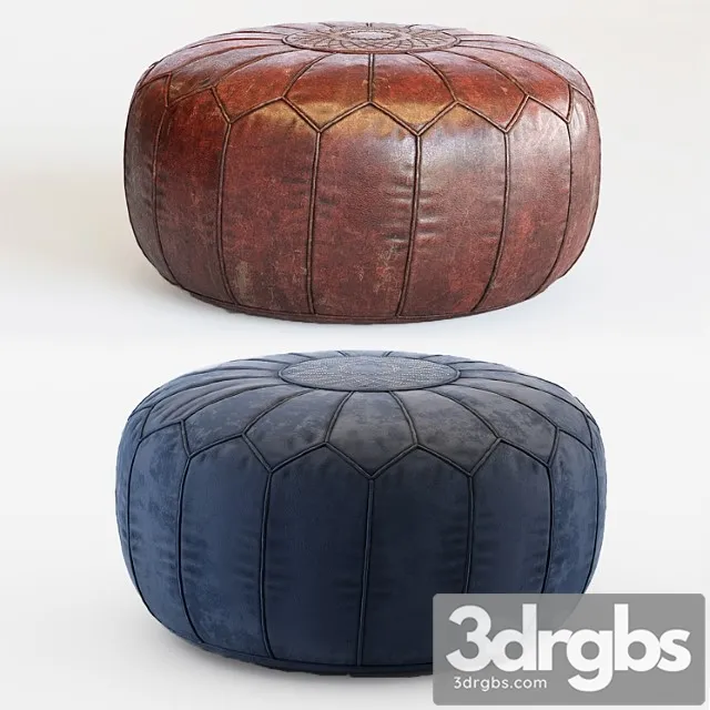 Vintage Round Moroccan Chocolate Brown Leather Pouf Hand Tooled In Marrakech 1 3D Model Download