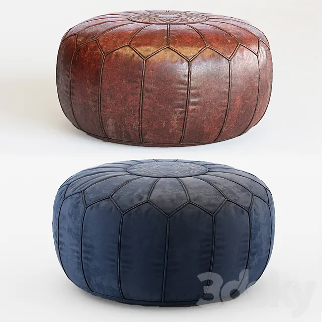 Vintage Round Moroccan Chocolate Brown Leather Pouf Hand Tooled In Marrakech 3D Model Vintage Round Moroccan Chocolate Brown Leather Pouf Hand Tooled In Marrakech 3D Model
