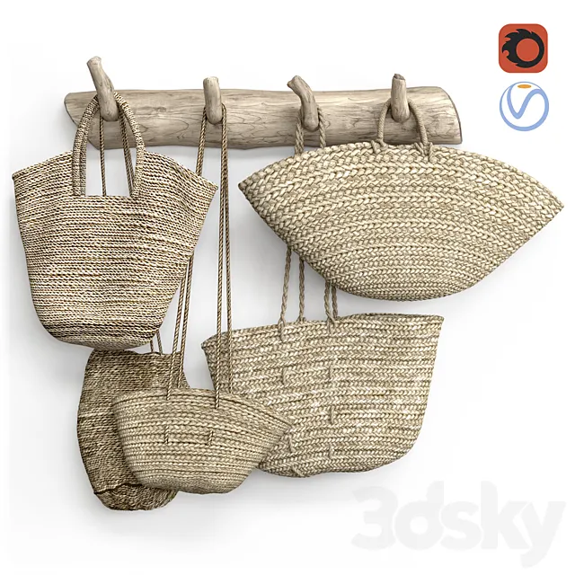 wall decor set with old wicker bags 3D Model