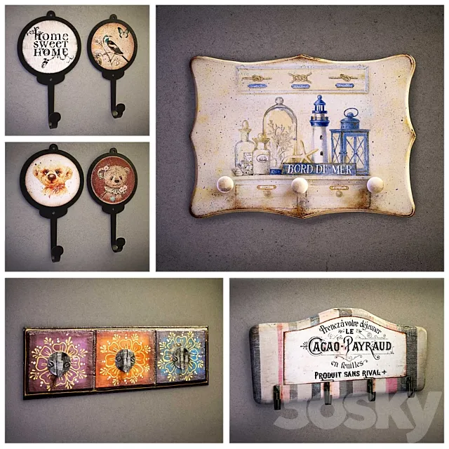 Wall hangers for clothes keys bags towels 3D Model Wall hangers for clothes keys bags towels 3D Model