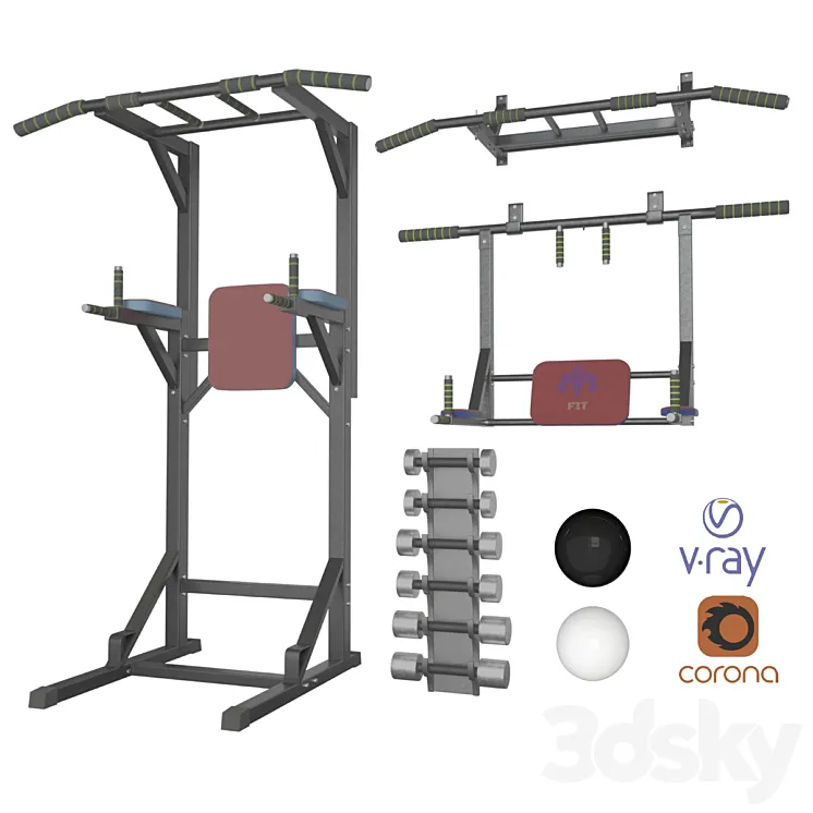 Wall horizontal bar horizontal bar 3 in 1 and Dumbbells 3D Model Free Download