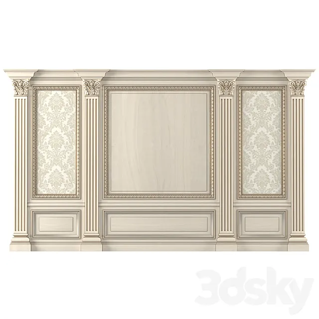 Wall wood boiserie paneling with Wallpaper 3DModel Wall wood boiserie paneling with Wallpaper 3DModel