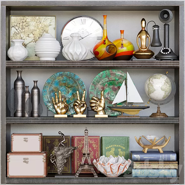 Wardrobe with a collection of vases decor and figurines. Books 3D Model