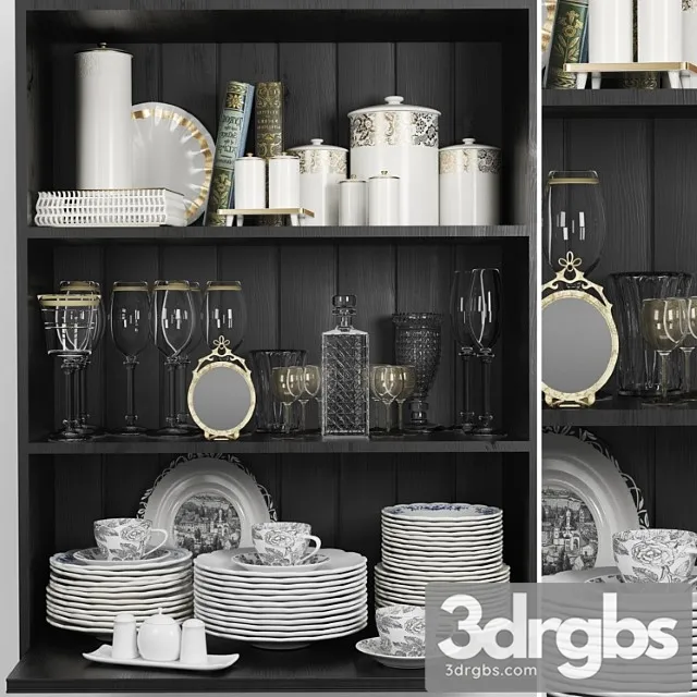 Wardrobe with a set of dishes and a crystal service in a classic style 3D Model Download