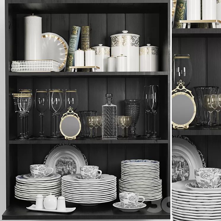 Wardrobe with a set of dishes and a crystal service in a classic style 3D Model