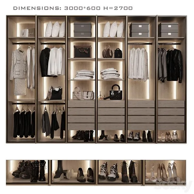 Wardrobe with glass doors 3D Model