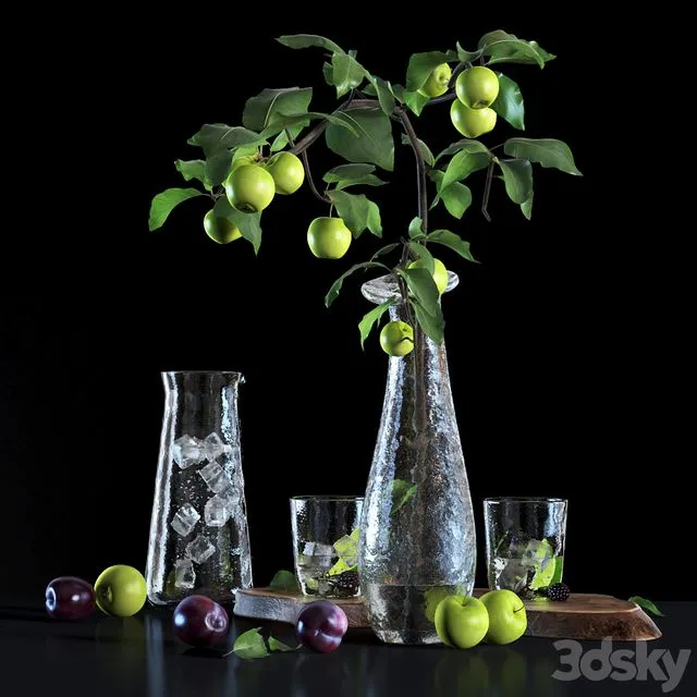 Water with lime and apple tree branch 3D Model