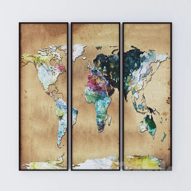Watercolor Map Wall Art Set Of Three 3D Model Watercolor Map Wall Art Set Of Three 3D Model