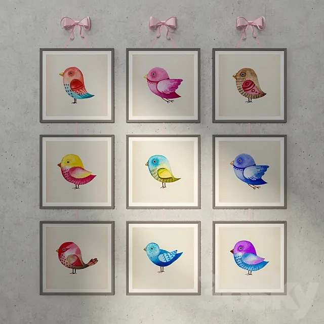 Watercolor painting with birds 9 pcs 3DModel Watercolor painting with birds 9 pcs 3DModel