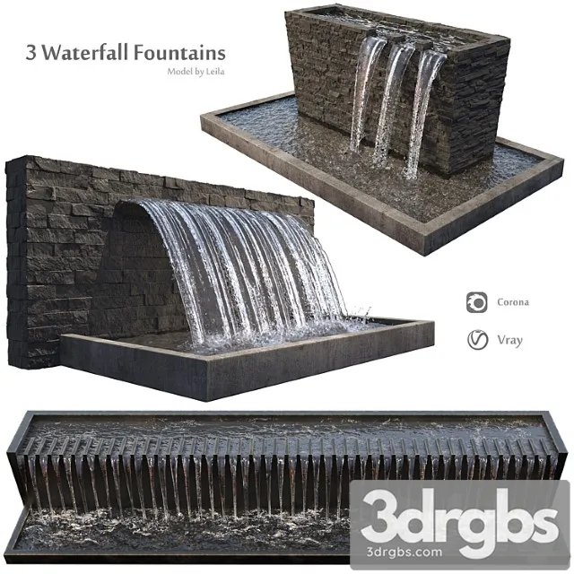 Waterfall fountains wide rock panel 3D Model Download