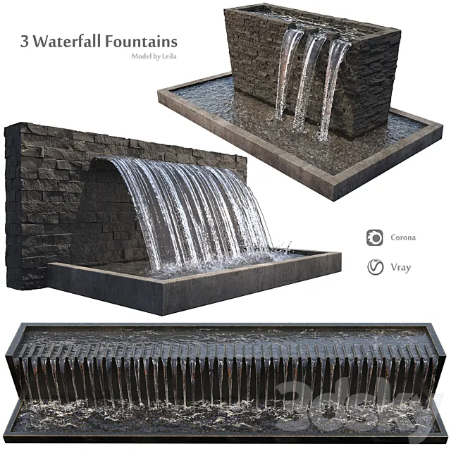 Waterfall fountains wide rock panel 3D Model