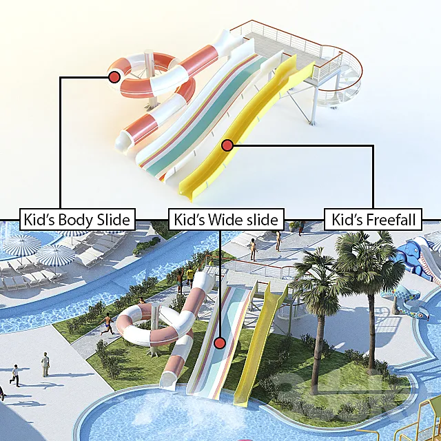 Waterslides: Kid’s Body Slide. Kid’s Wide slide. Kid’s Freefall 3DModel