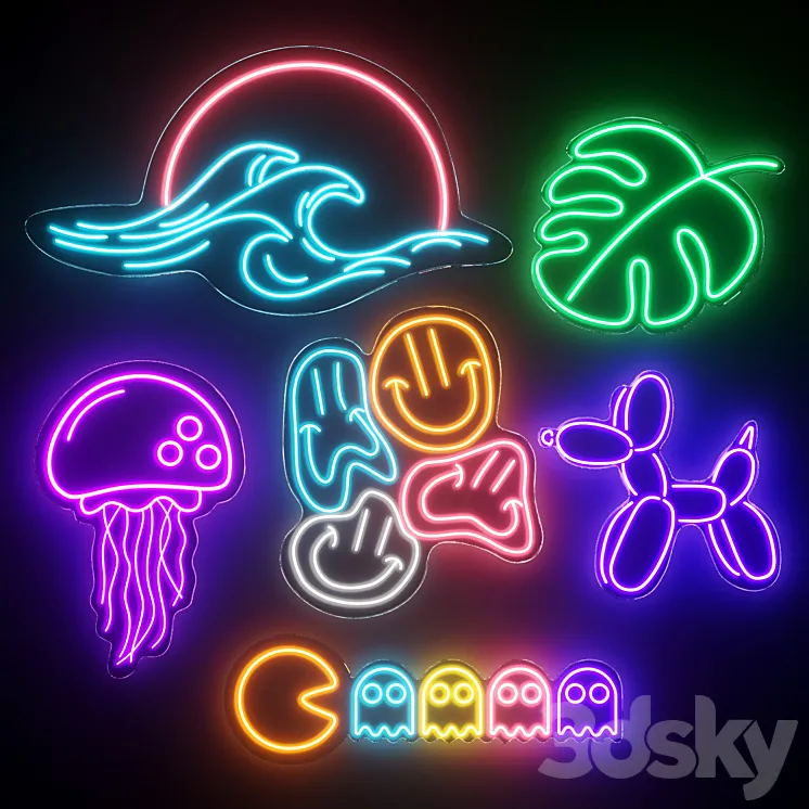 Wave|Monstera|Smile|Jellyfish|Pacman|Ballon Dog Neon Signs 3D Model Free Download Wave|Monstera|Smile|Jellyfish|Pacman|Ballon Dog Neon Signs 3D Model Free Download