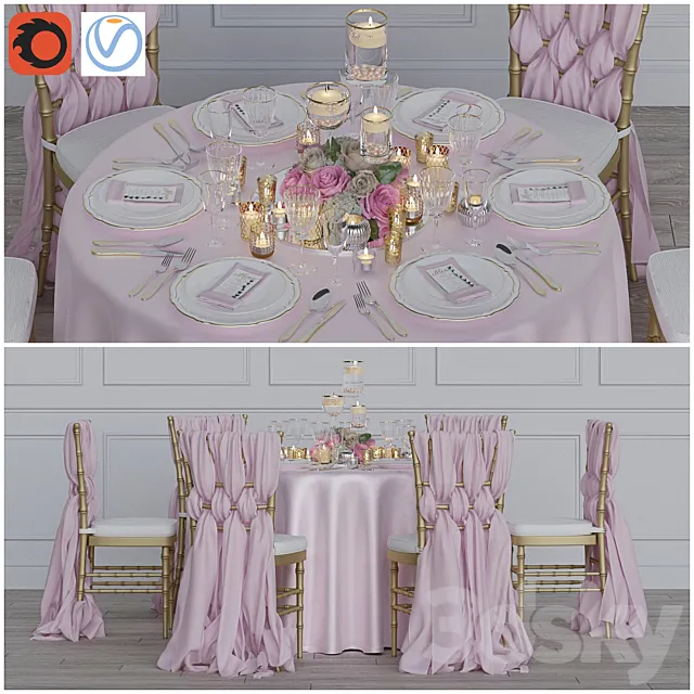 Wedding table for 6 persons Corona + Vray 3D Model