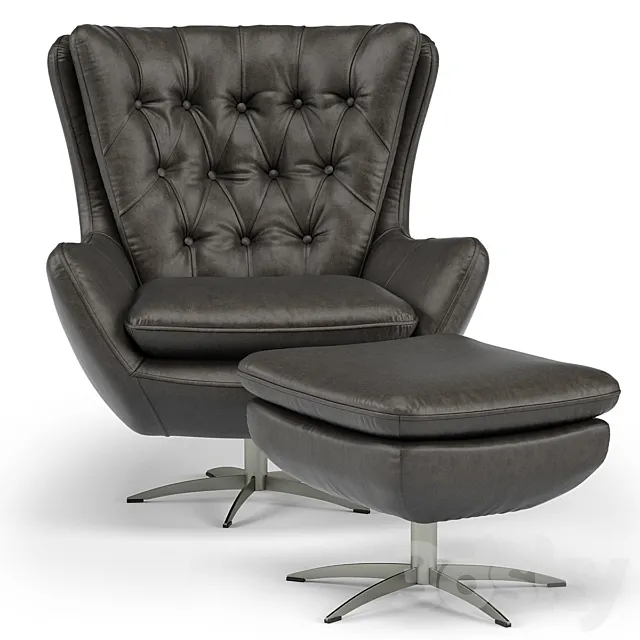Wells Tufted Leather Swivel Armchair and Ottoman 3D Model