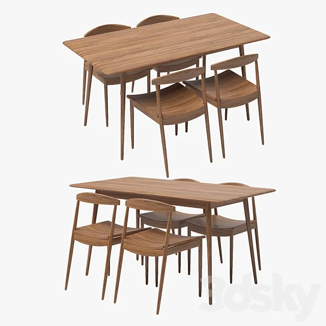 West Elm _ Lena Mid-Century Table & Chairs Dining Set 3D Model