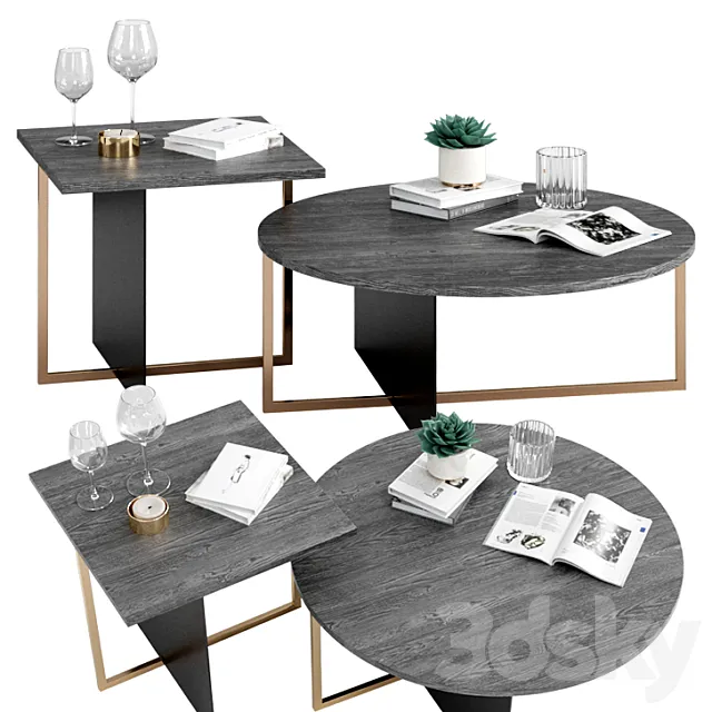 West Elm Korsa Oak + Copper Coffee & Side Table 3DModel