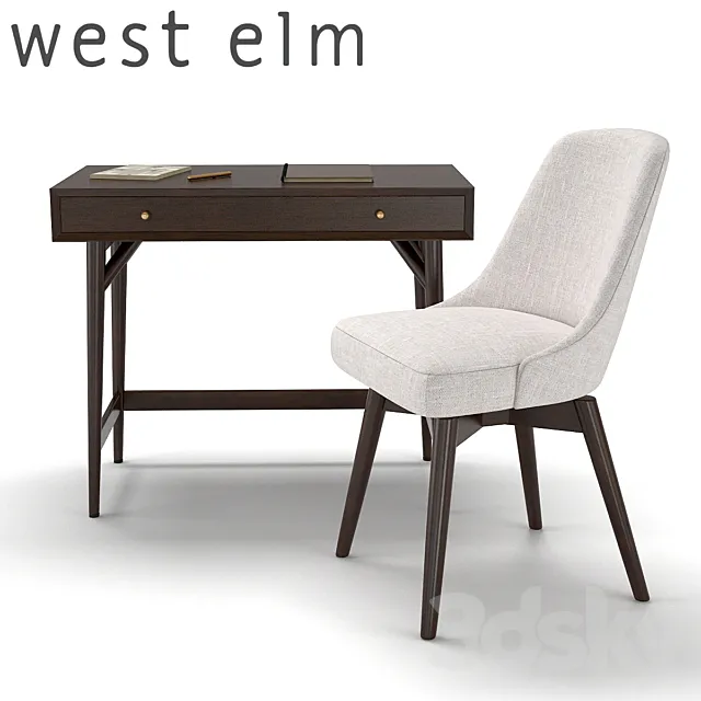 West Elm Mid-Century Mini Desk – Dark Mineral and Swivel Office Chair 3DModel