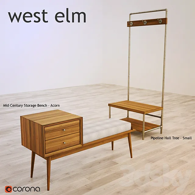 west elm Mid-Century Storage Bench Pipeline Hall Tree 3D Model west elm Mid-Century Storage Bench Pipeline Hall Tree 3D Model