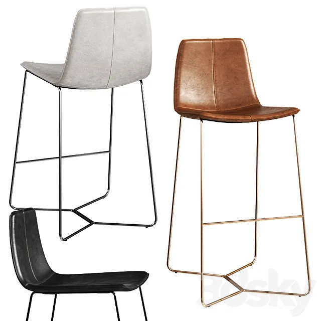 West Elm Slope Leather Bar + Counter Stools 3DModel