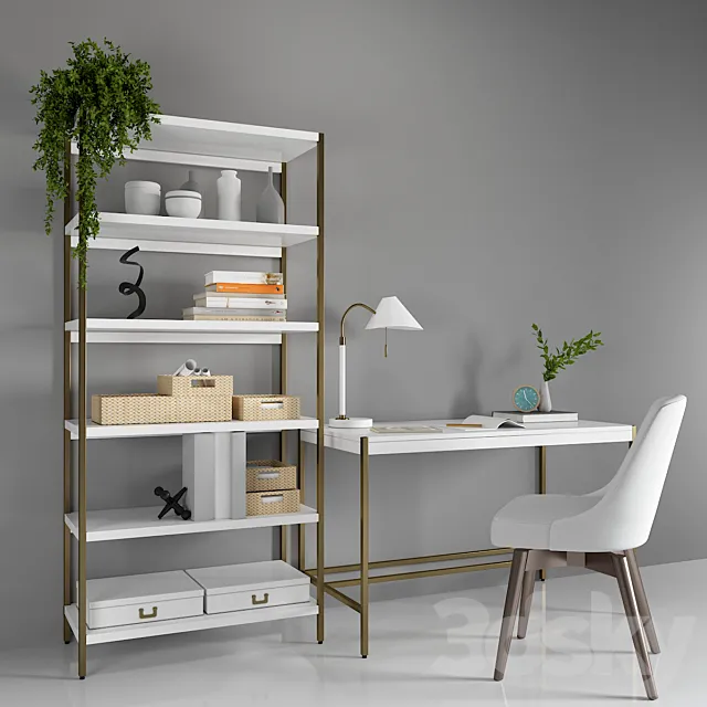 West Elm Zane Desk & Zane Wide Bookshelf & Swivel Office Chair 3DModel