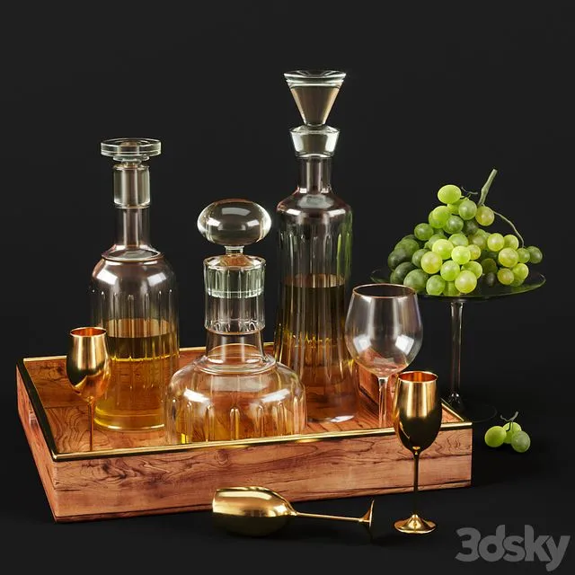 Whiskey glasses and grapes 3D Model