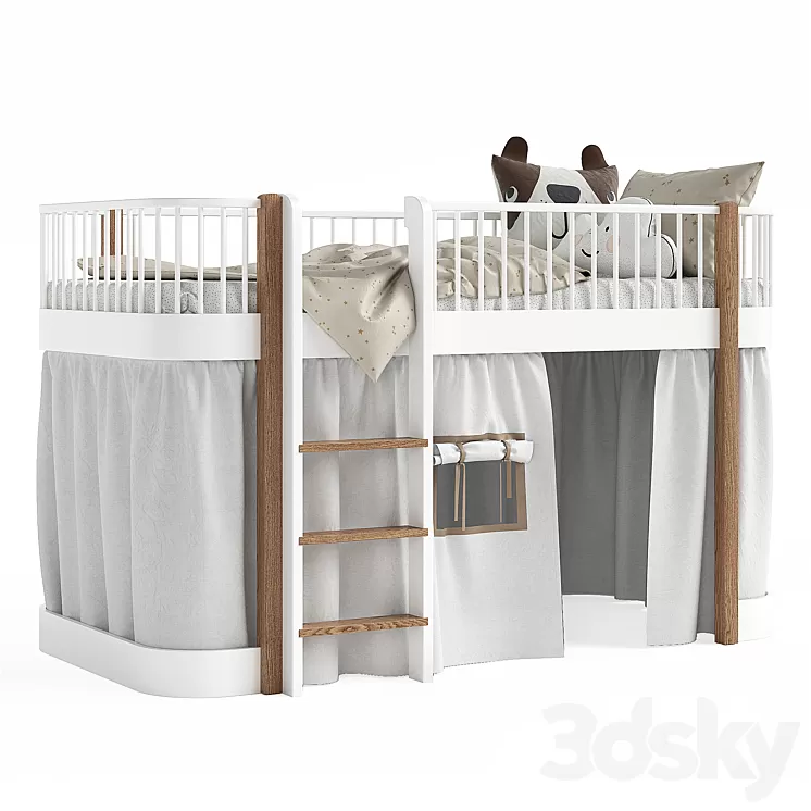 White and Oak Wood Low Loft Bed by Oliver 3D Model