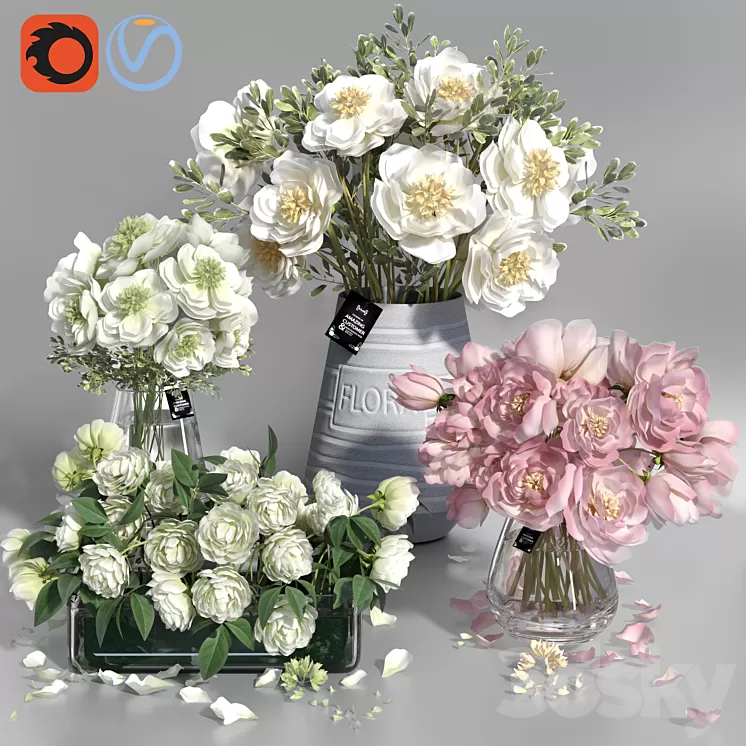 White and Pink tone Peonies cement concrete glass Vases 3D Model