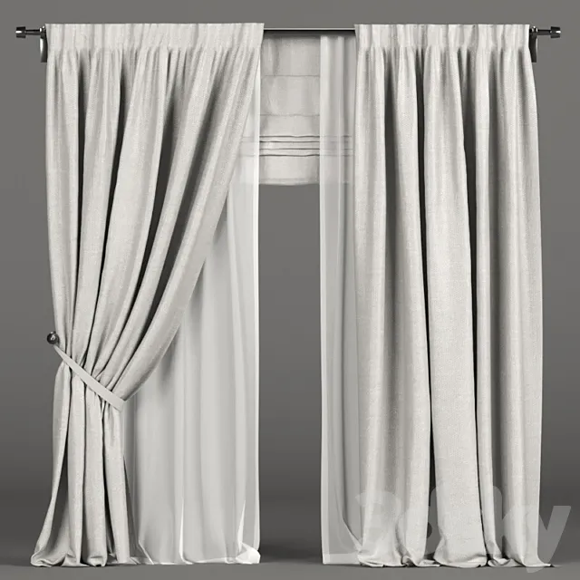 White curtains in the background with tulle and a Roman curtain. 3DModel White curtains in the background with tulle and a Roman curtain. 3DModel
