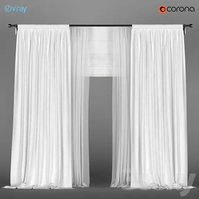 White curtains of linen with tulle + Roman blinds. 3D Model White curtains of linen with tulle + Roman blinds. 3D Model
