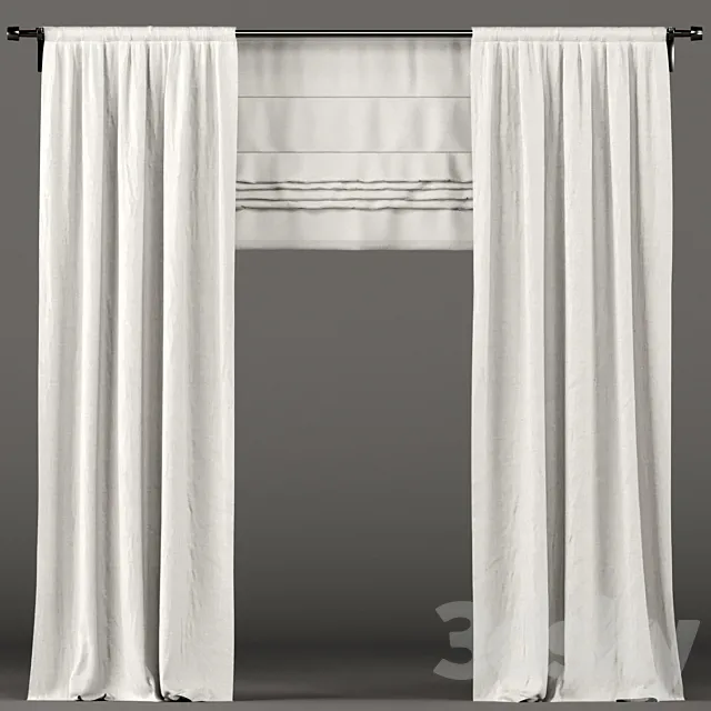 White curtains with roman blinds. 3D Model White curtains with roman blinds. 3D Model