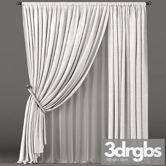 White curtains with rope grip and white tulle. 3D Model Download