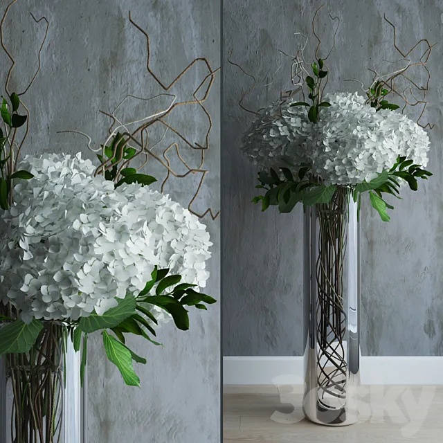 White hydrandeas in tall vase with willow branches 3DModel White hydrandeas in tall vase with willow branches 3DModel