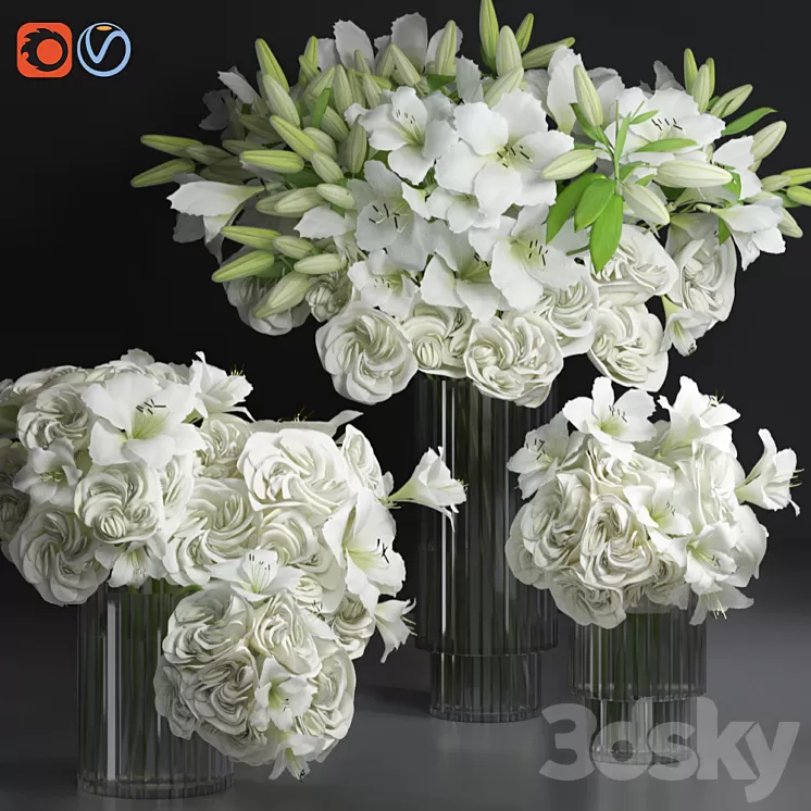 White Lily Tuberose Peony Camelia Bouquet Decorative Glass Vases Set 3D Model Free Download