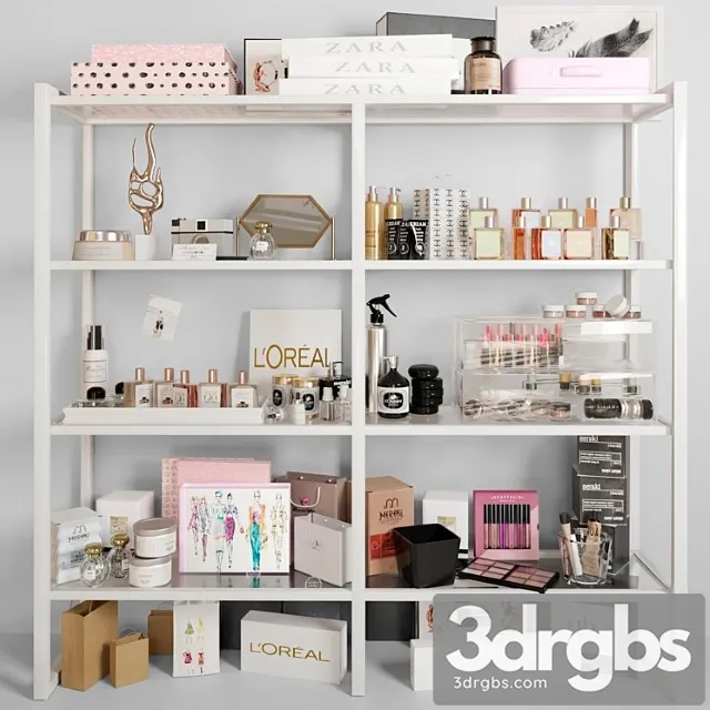 White rack with cosmetics in a beauty salon. make up 3D Model Download