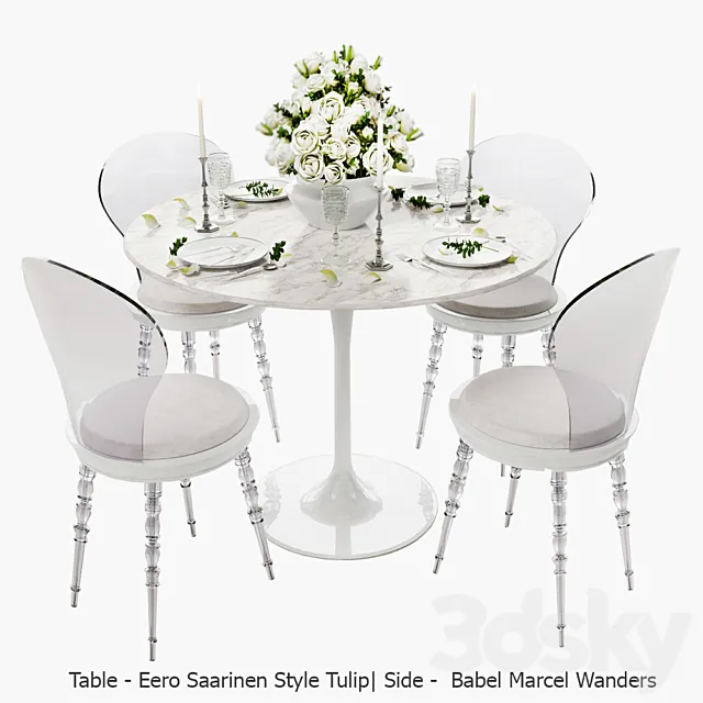 White set _ Babel chair by Marcel Wanders. table Eero Saarinen Style Tulip. serving. 3DModel