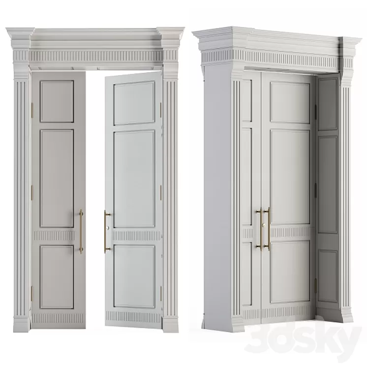White Wooden Classic Door Set 27 3D Model Free Download