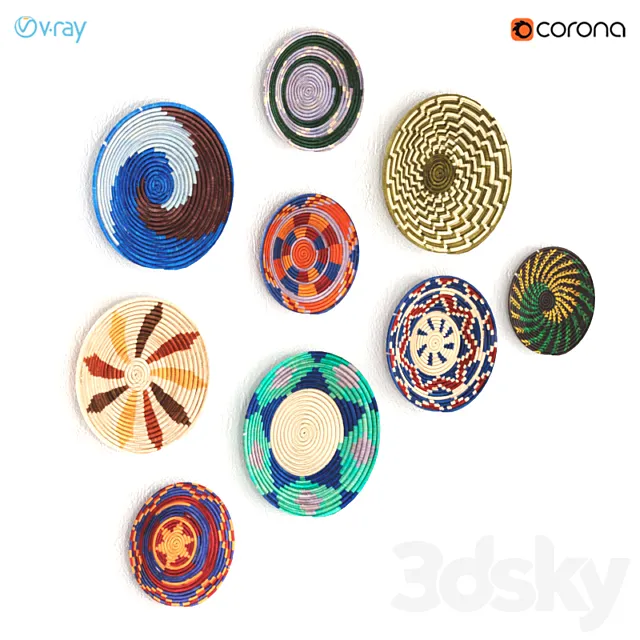 Wicker African wall baskets from Uganda. 3D Model Wicker African wall baskets from Uganda. 3D Model