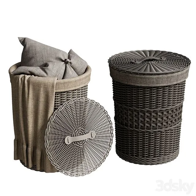 Wicker basket with pillow and blanket 3D Model Wicker basket with pillow and blanket 3D Model