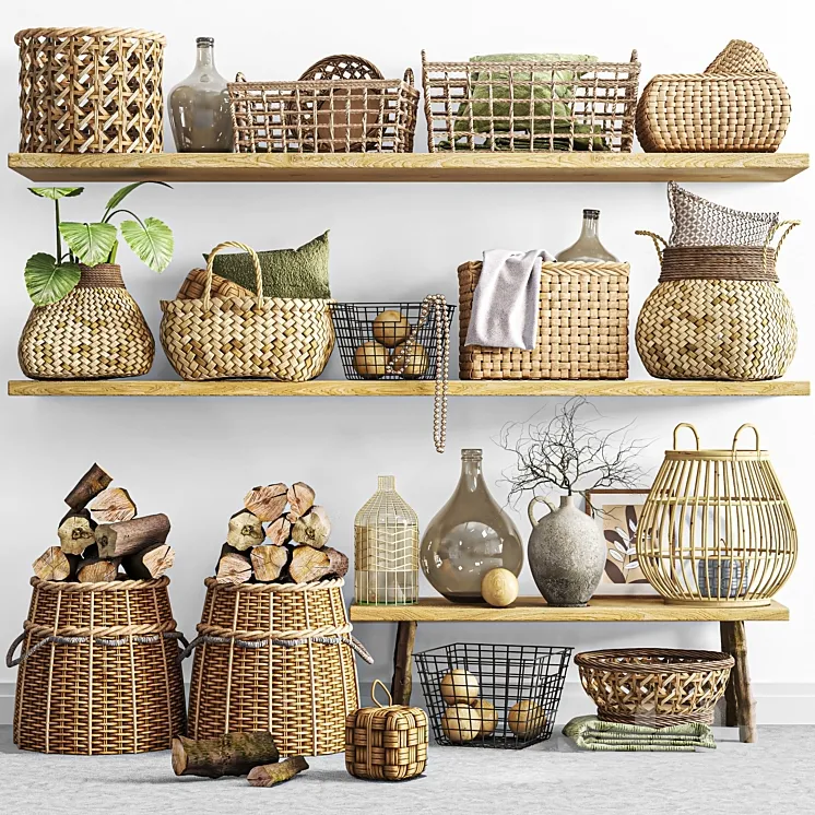 Wicker baskets set in boho style 3D Model Free Download